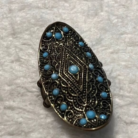 VTG Faux Turquoise Colored Gemstone Gold Tone Elastic Band Oval Ring - Picture 1 of 8